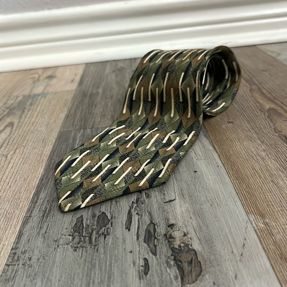 Pavia Tie - 100% Silk - Made in Italy Retro Design Green Tan Black